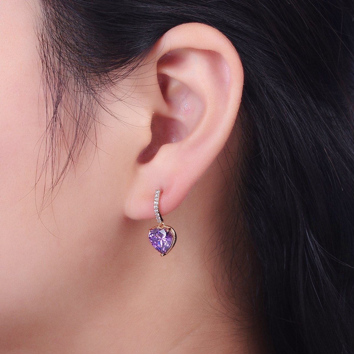 18K Gold Filled Purple, Pink Heart CZ Drop Micro Paved Bar Stud Earrings | V-001