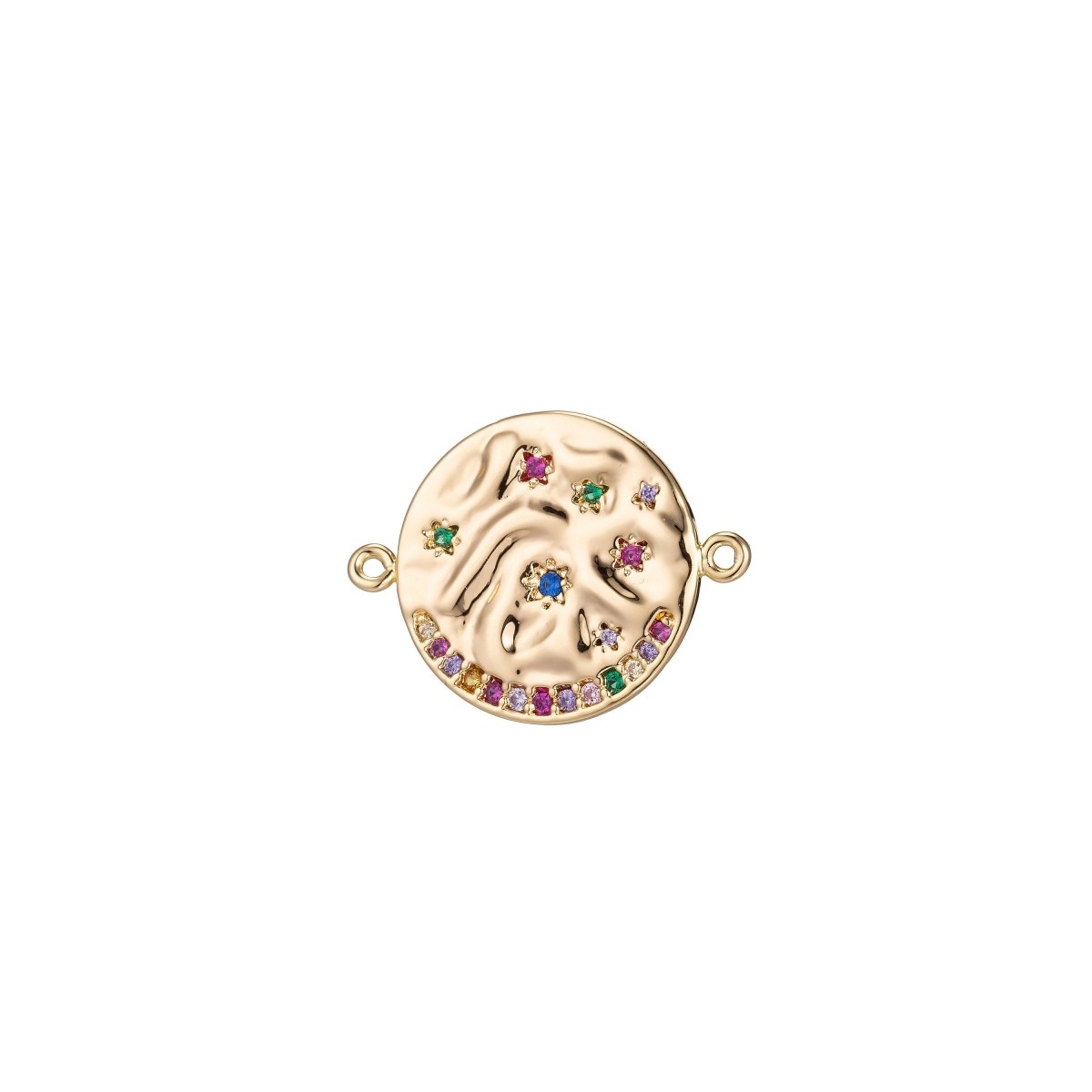18K Gold Filled Rainbow Stone Coin Bracelet Connector Charm Pendant for Necklace Golden Medallion Cubic Zirconia Findings Jewelry Making F-217