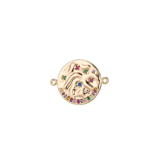 18K Gold Filled Rainbow Stone Coin Bracelet Connector Charm Pendant for Necklace Golden Medallion Cubic Zirconia Findings Jewelry Making F-217