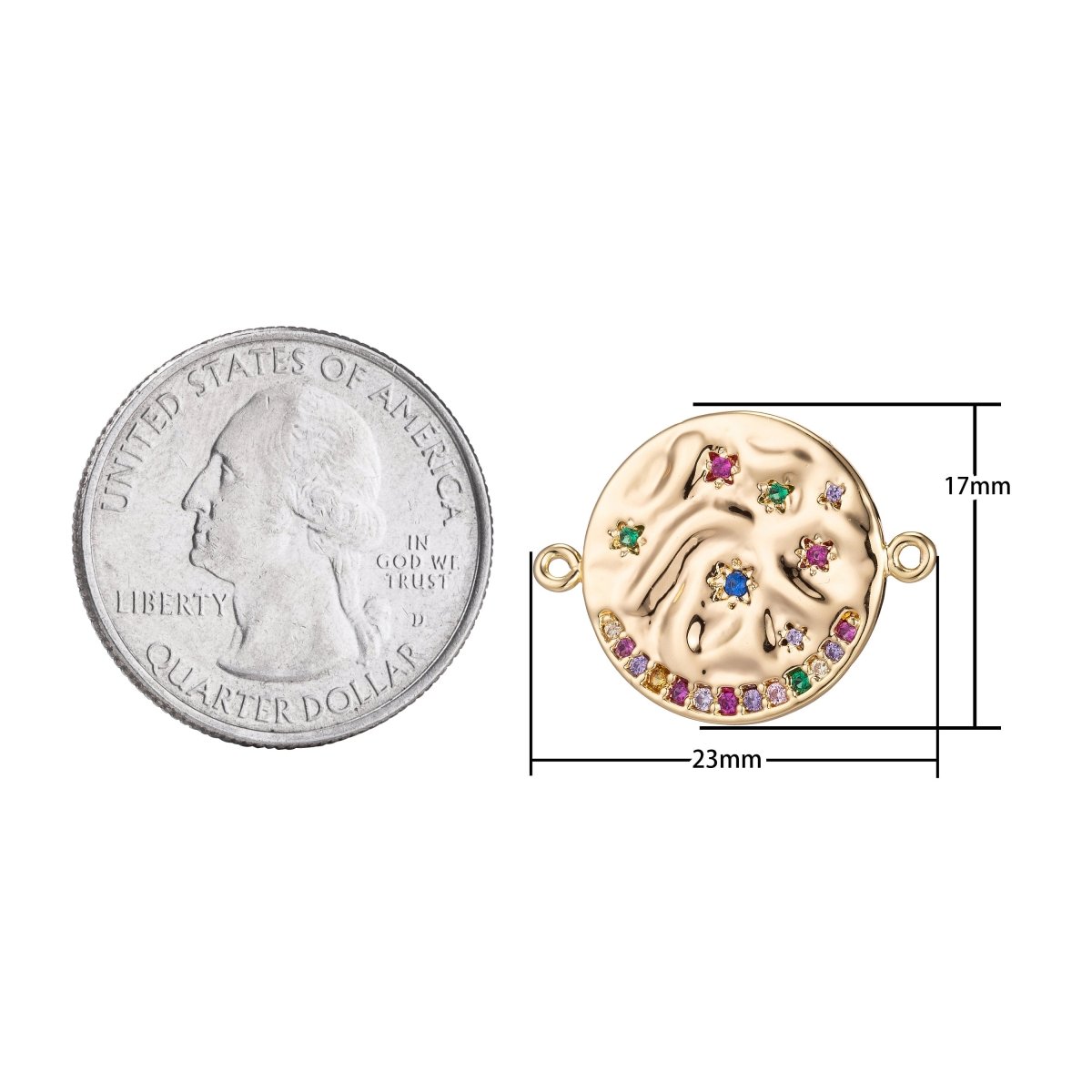 18K Gold Filled Rainbow Stone Coin Bracelet Connector Charm Pendant for Necklace Golden Medallion Cubic Zirconia Findings Jewelry Making F-217