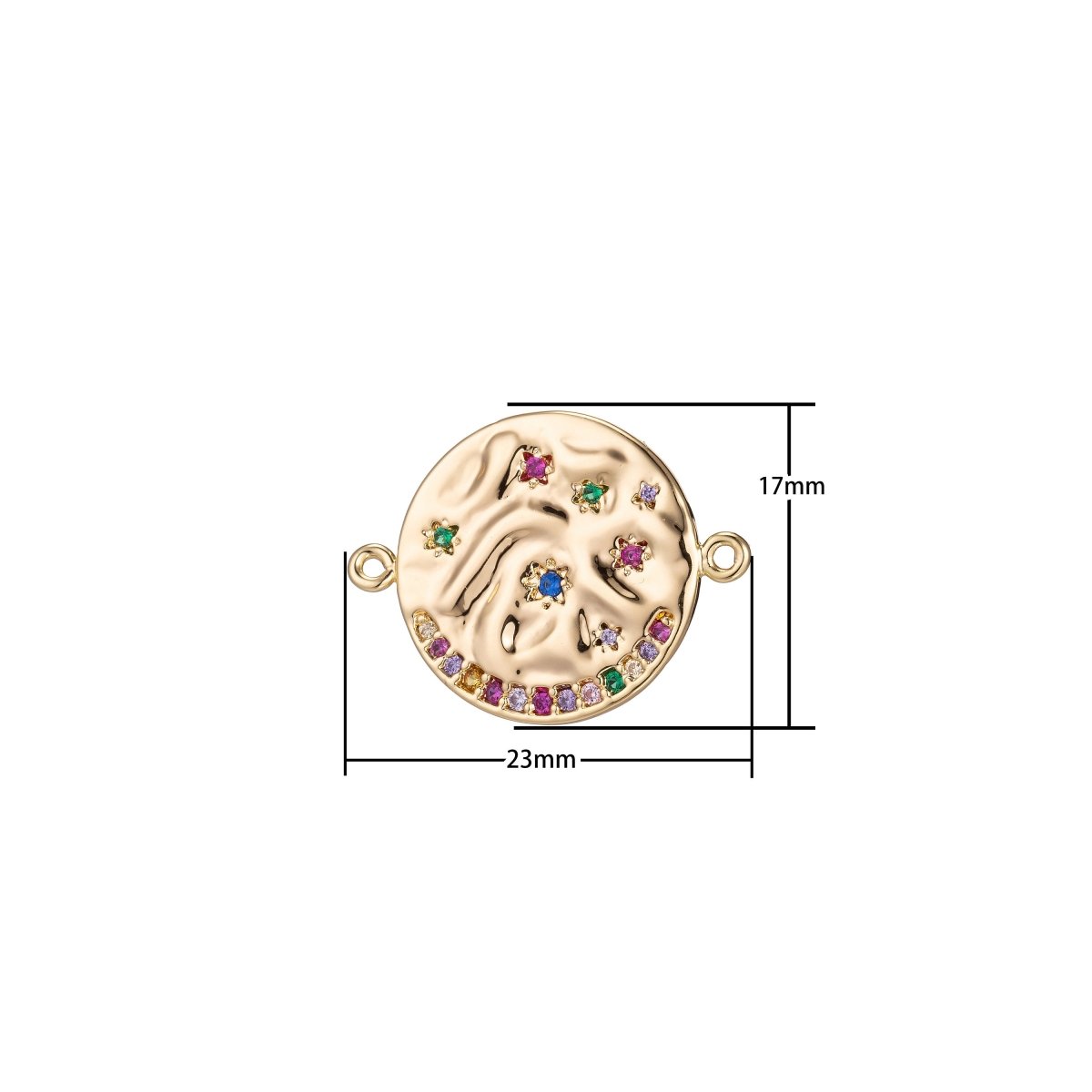 18K Gold Filled Rainbow Stone Coin Bracelet Connector Charm Pendant for Necklace Golden Medallion Cubic Zirconia Findings Jewelry Making F-217