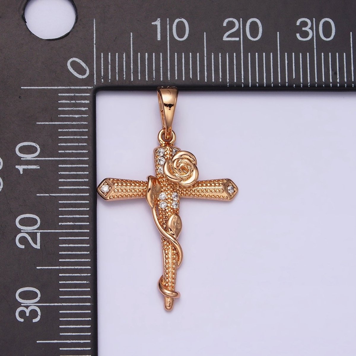 18K Gold Filled Rose Flower Vine Micro Paved CZ Dotted Passion Cross Pendant | AA524