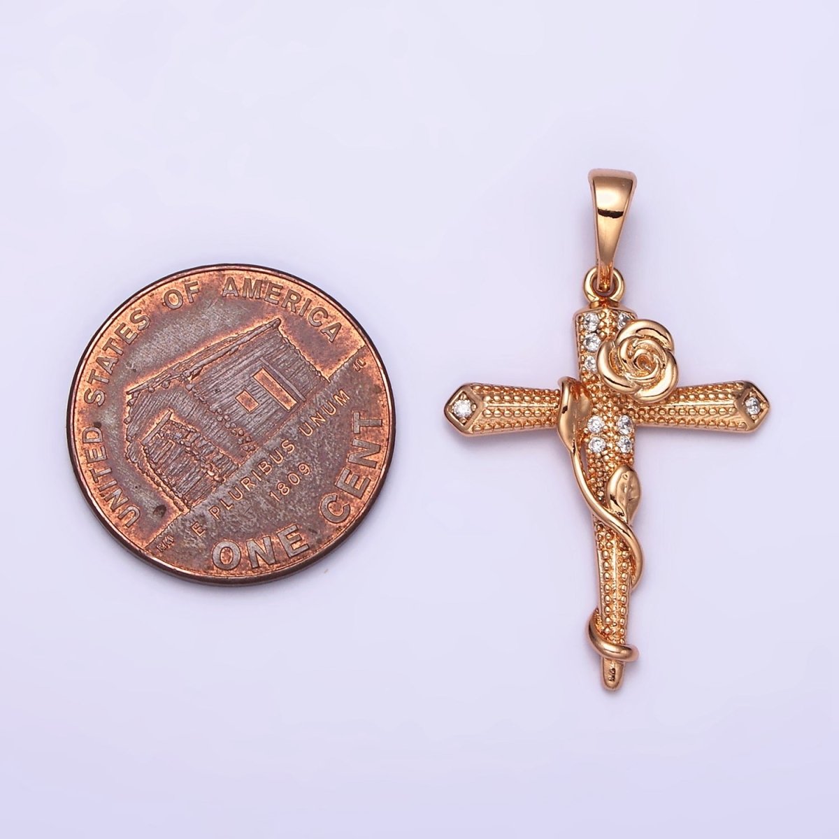 18K Gold Filled Rose Flower Vine Micro Paved CZ Dotted Passion Cross Pendant | AA524