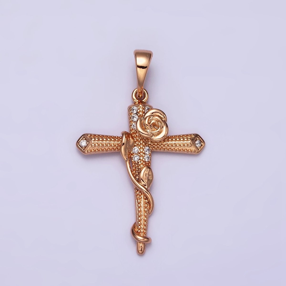 18K Gold Filled Rose Flower Vine Micro Paved CZ Dotted Passion Cross Pendant | AA524