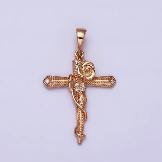 18K Gold Filled Rose Flower Vine Micro Paved CZ Dotted Passion Cross Pendant | AA524