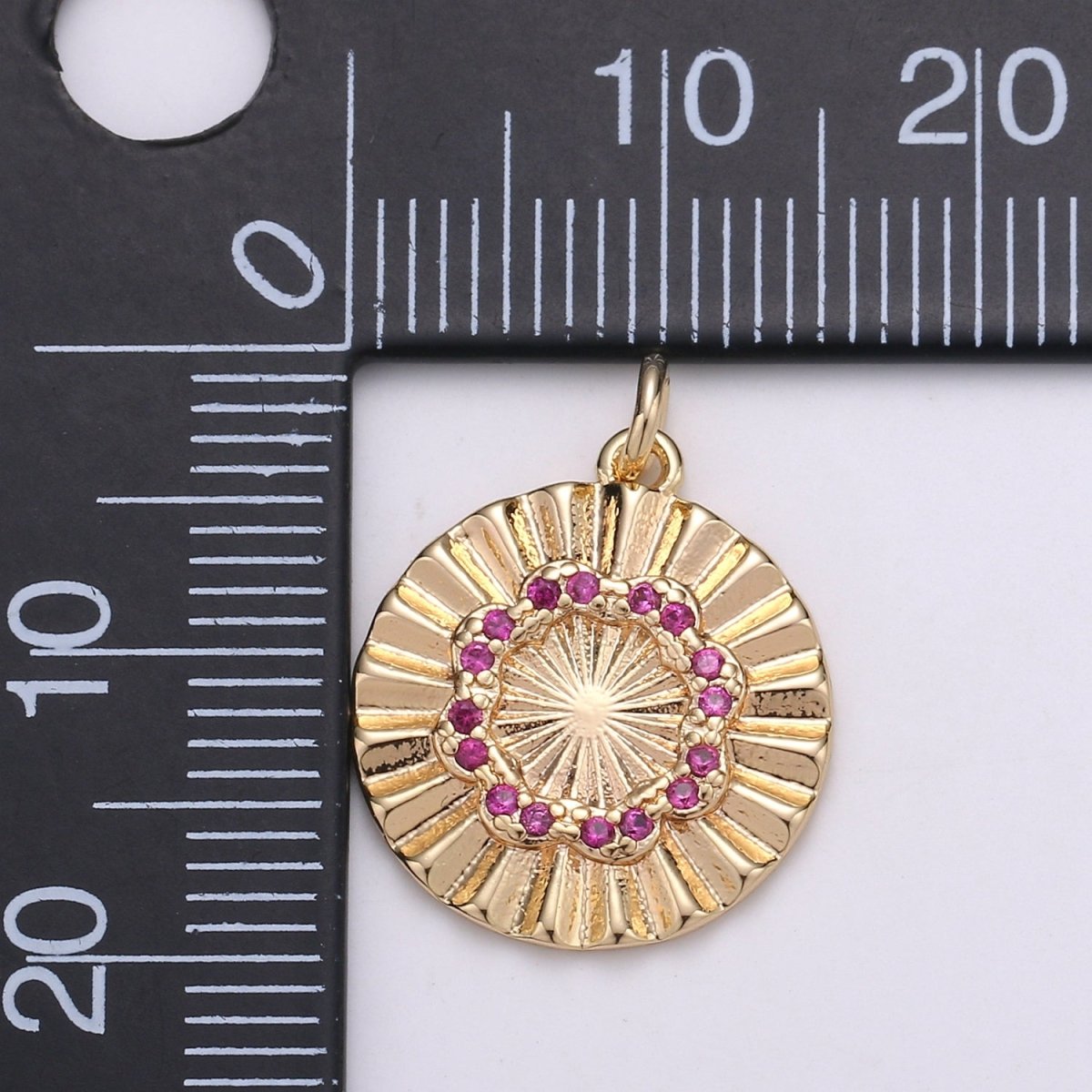 18k Gold Filled Round Circle CZ Pave Cubic Zirconia Disc Charm Coin Medallion 15mm with Blue Pink Cz Stone D-876