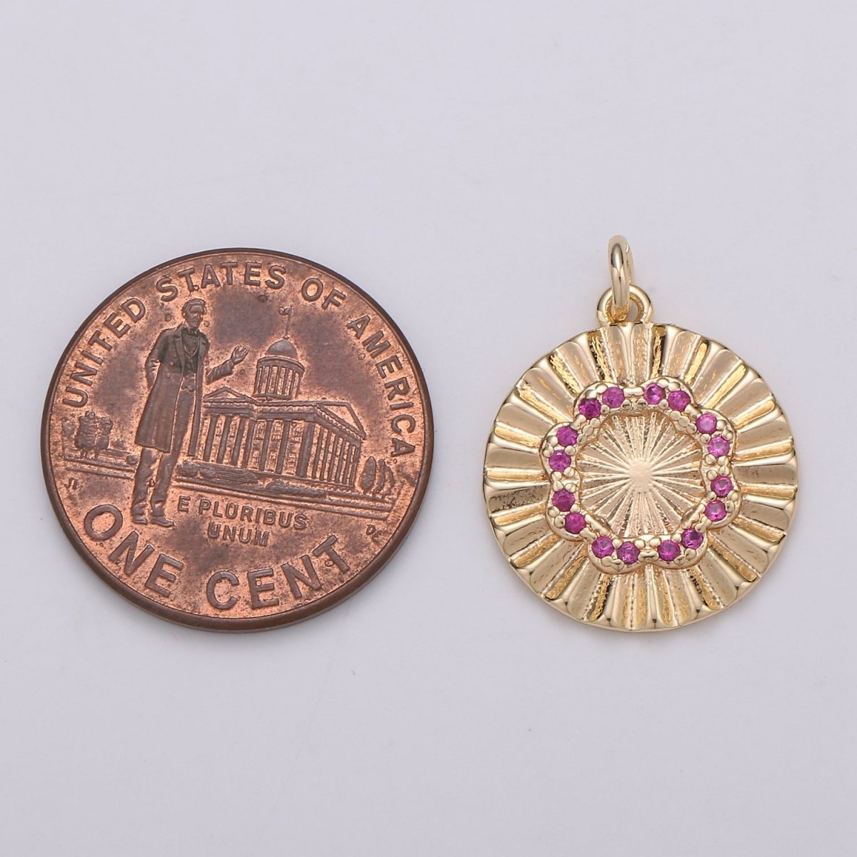 18k Gold Filled Round Circle CZ Pave Cubic Zirconia Disc Charm Coin Medallion 15mm with Blue Pink Cz Stone D-876