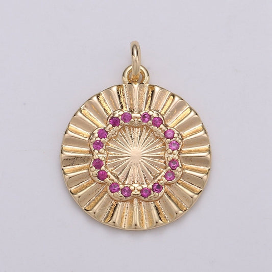 18k Gold Filled Round Circle CZ Pave Cubic Zirconia Disc Charm Coin Medallion 15mm with Blue Pink Cz Stone D-876