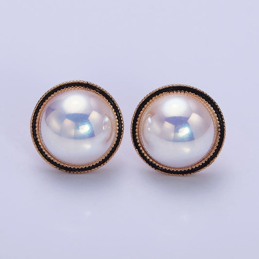 18K Gold Filled Rounded Pearl Black Enamel Stud Earrings | AD1453