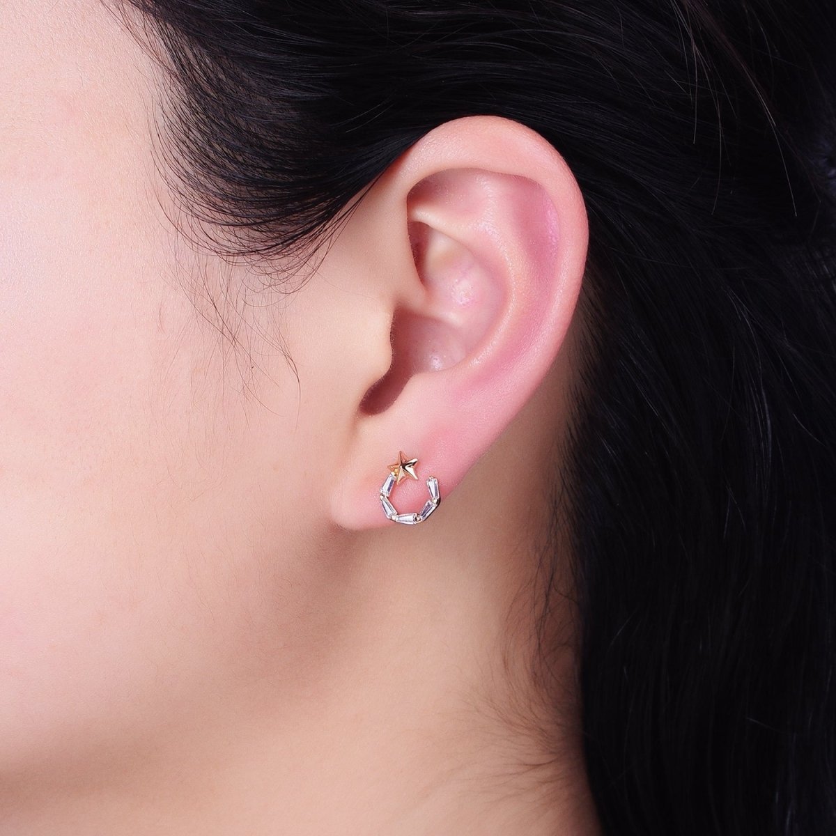 18K Gold Filled Shooting Star Celestial Baguette C Stud Earrings | AD1321
