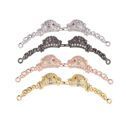 18K Gold Filled Sparkling Shiny Panther Head Cubic Zirconia Bracelet Charm Bead Finding Connector For Jewelry Making F-071
