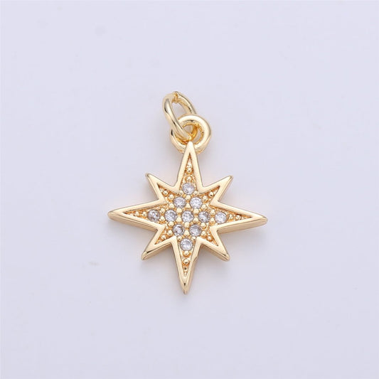18K Gold Filled Starburst CZ Pendant, Micro Pave Cubic Zirconia Star Charm, North Star Charm, Gold Star Charm for Earring Necklace Charm, C-616