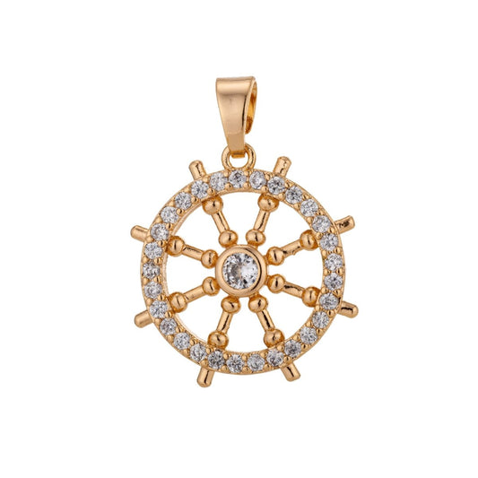 18K Gold Filled Steering Wheel, Sailor Charm Pendant w/ Bails Boat Yacht Travel Boat Ocean Cubic Zirconia Necklace for Jewelry Making H-804