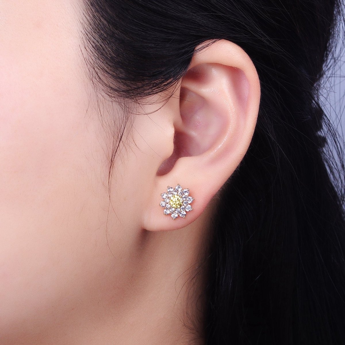 18k Gold Filled Sun flower Stud Earring with Yellow CZ Stone AB798