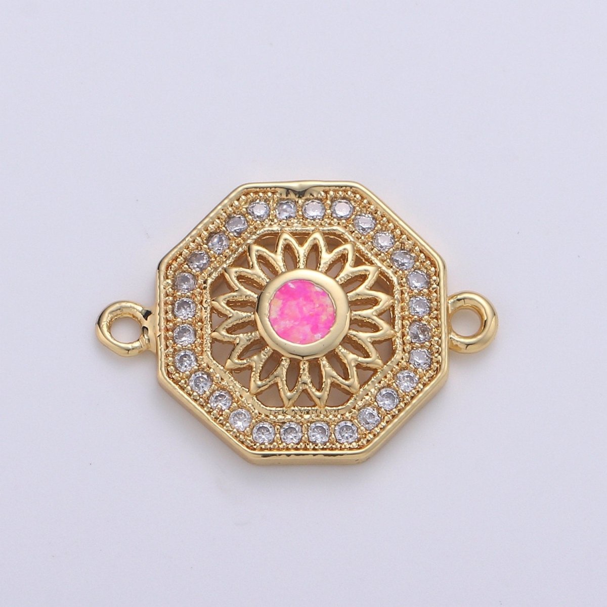18K Gold Filled Sunflower w/ Octagon Protection Shield Cubic Zirconia Bracelet Charm Bead Finding Connector for Earring Jewelry Making F-473 F-474