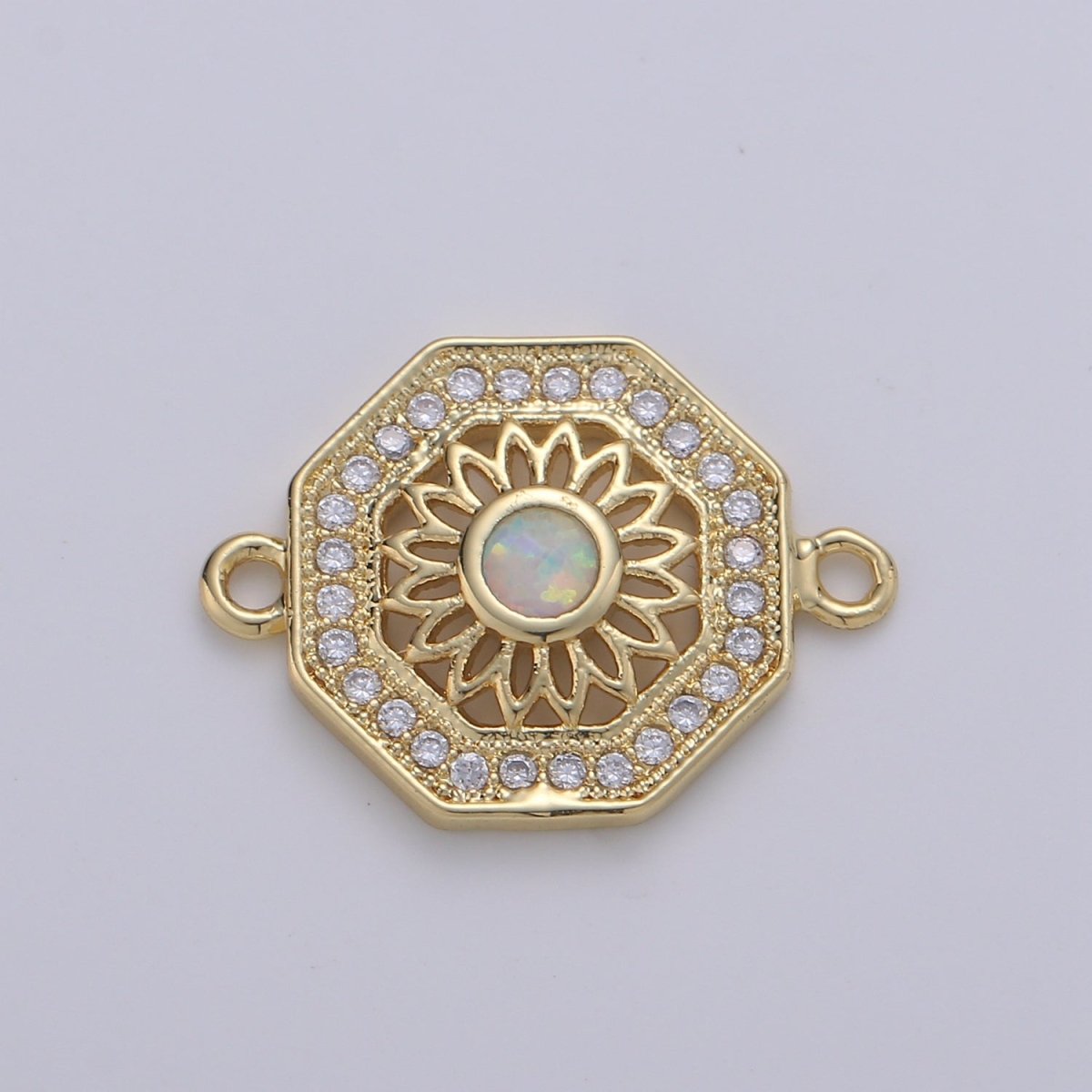 18K Gold Filled Sunflower w/ Octagon Protection Shield Cubic Zirconia Bracelet Charm Bead Finding Connector for Earring Jewelry Making F-473 F-474