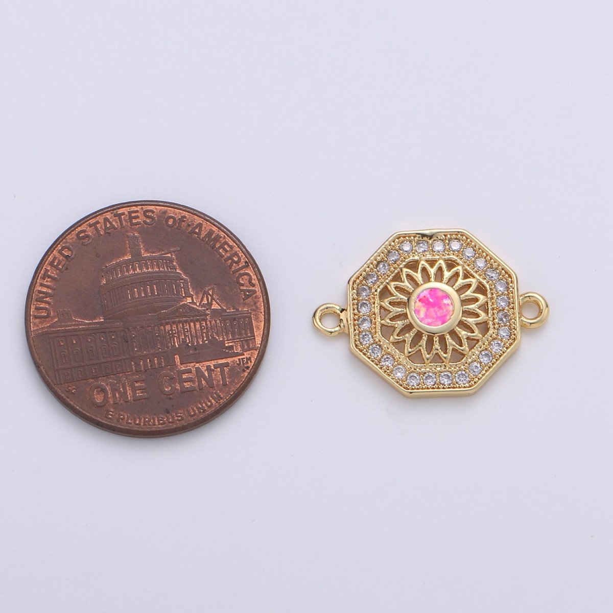 18K Gold Filled Sunflower w/ Octagon Protection Shield Cubic Zirconia Bracelet Charm Bead Finding Connector for Earring Jewelry Making F-473 F-474