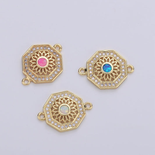 18K Gold Filled Sunflower w/ Octagon Protection Shield Cubic Zirconia Bracelet Charm Bead Finding Connector for Earring Jewelry Making F-473 F-474