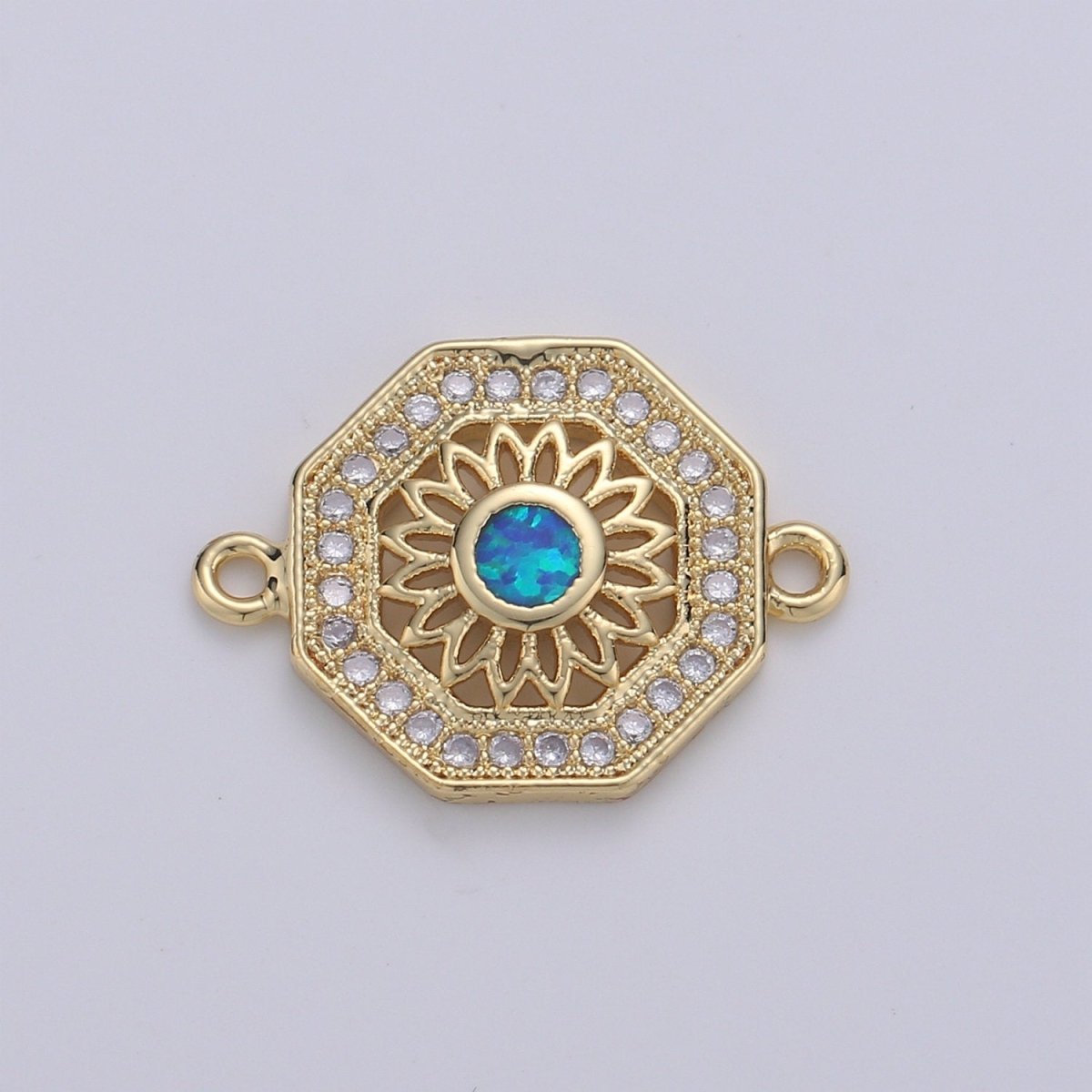 18K Gold Filled Sunflower w/ Octagon Protection Shield Cubic Zirconia Bracelet Charm Bead Finding Connector for Earring Jewelry Making F-473 F-474