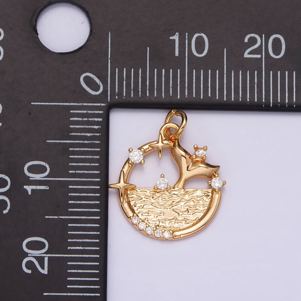 18K Gold Filled Tail Ocean Sea Fish Celestial Star Micro Paved CZ Open Round Charm | N-1756
