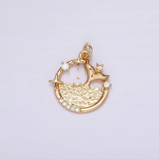 18K Gold Filled Tail Ocean Sea Fish Celestial Star Micro Paved CZ Open Round Charm | N-1756