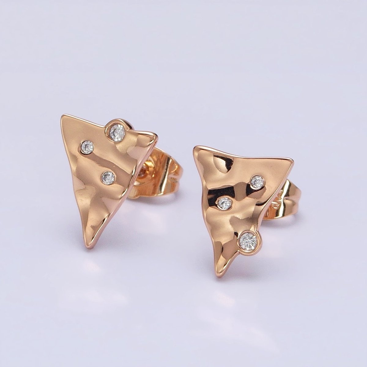 18K Gold Filled Triangle Hammered CZ Dotted Stud Earrings | AD1408