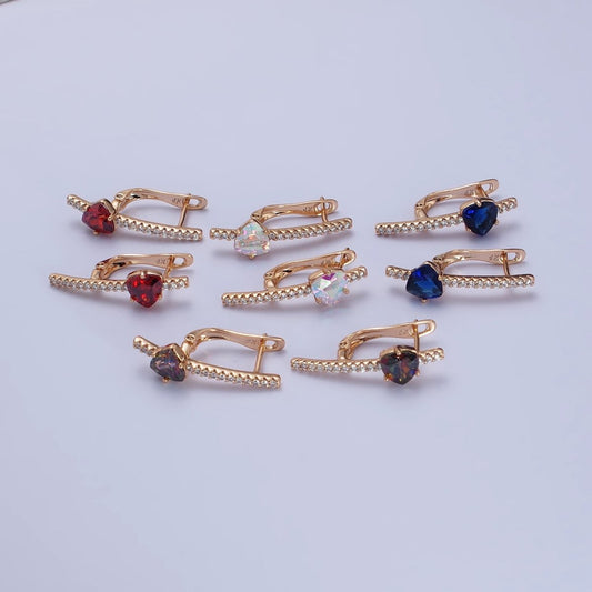 18K Gold Filled Triangle Iridescent AB, Purple, Blue, Red CZ Micro Paved Lined English Lock Earrings | AB236 AB27- AB249