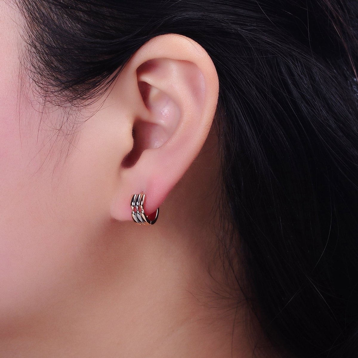 18K Gold Filled Triple Band Geometric Mixed Metal Wide 11mm Cartilage Huggie Earrings | AD1452