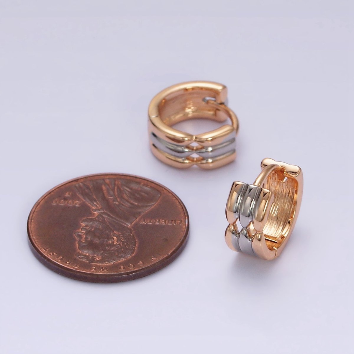 18K Gold Filled Triple Band Geometric Mixed Metal Wide 11mm Cartilage Huggie Earrings | AD1452