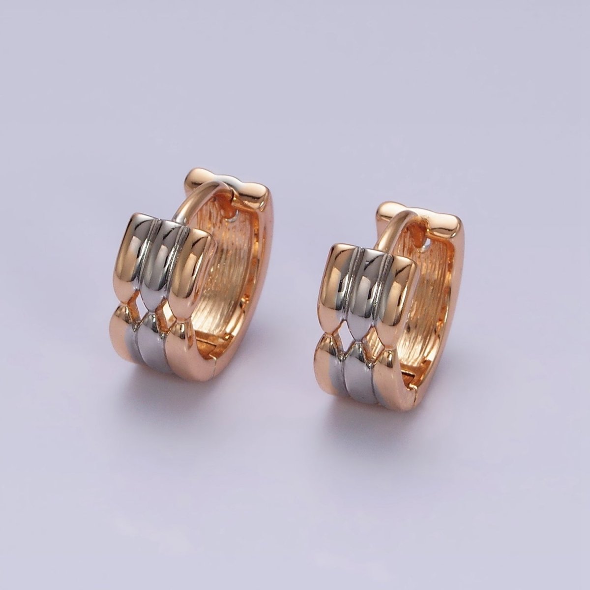 18K Gold Filled Triple Band Geometric Mixed Metal Wide 11mm Cartilage Huggie Earrings | AD1452
