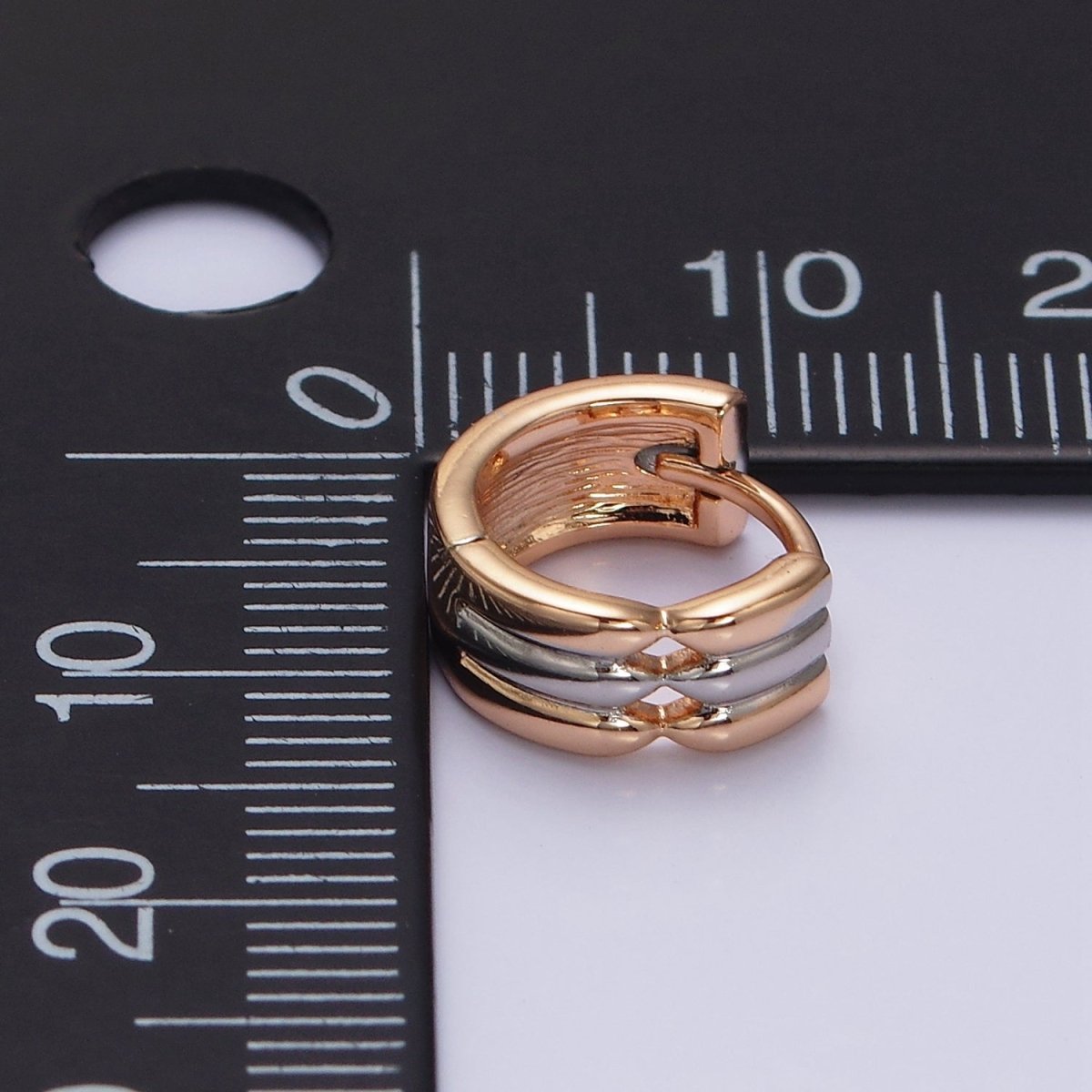 18K Gold Filled Triple Band Geometric Mixed Metal Wide 11mm Cartilage Huggie Earrings | AD1452