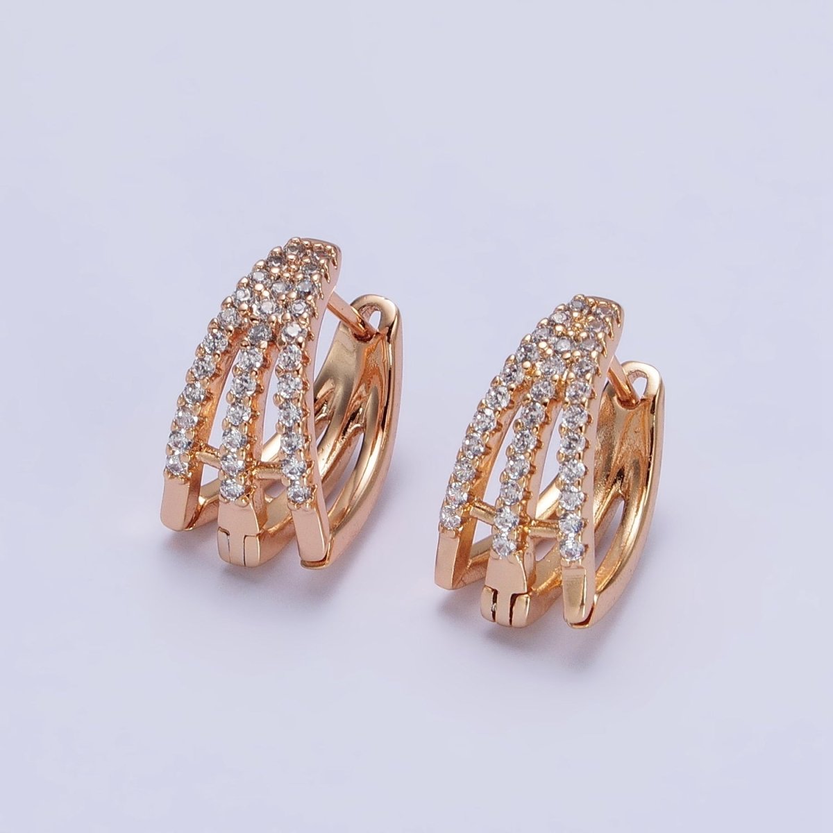 18K Gold Filled Triple Bar Micro Paved CZ Clawed English Lock Earrings | AB295