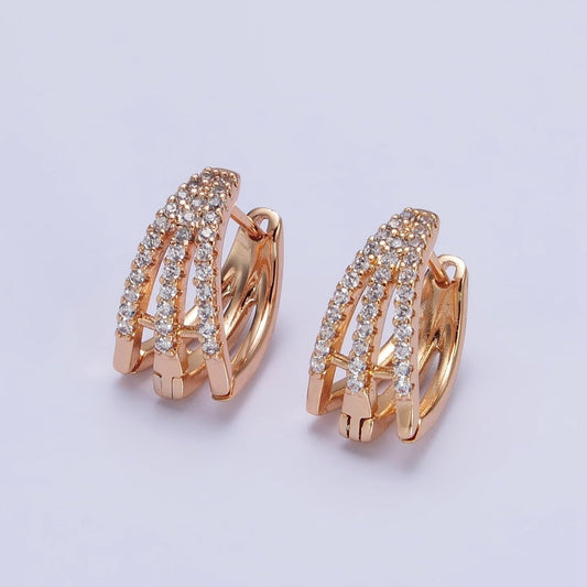 18K Gold Filled Triple Bar Micro Paved CZ Clawed English Lock Earrings | AB295