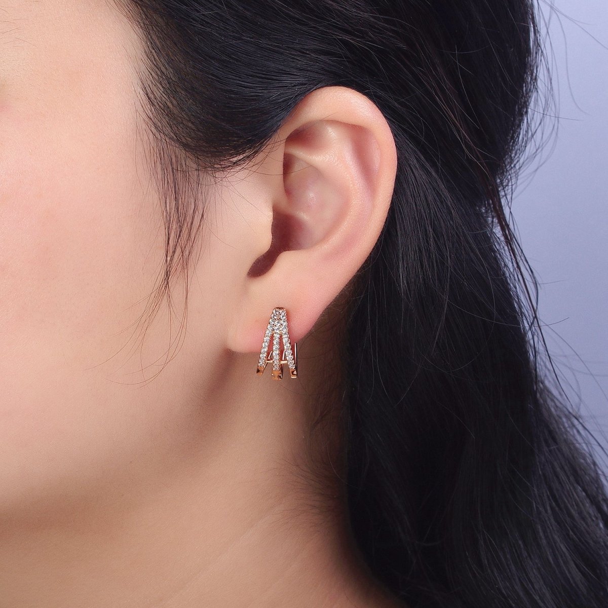 18K Gold Filled Triple Bar Micro Paved CZ Clawed English Lock Earrings | AB295