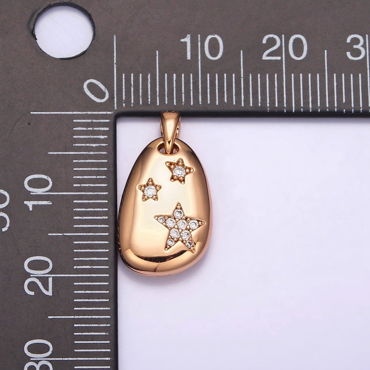 18K Gold Filled Triple Star Micro Paved CZ Double Sided Open Moon Celestial Abstract Oval Pendant | AA764