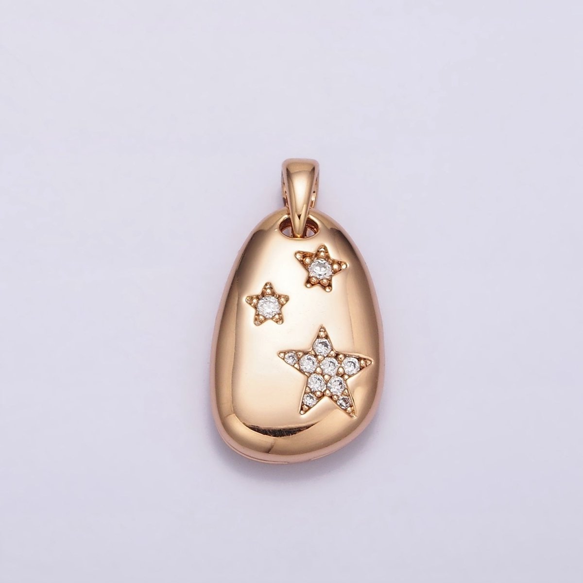 18K Gold Filled Triple Star Micro Paved CZ Double Sided Open Moon Celestial Abstract Oval Pendant | AA764
