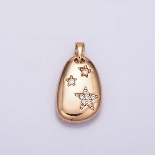 18K Gold Filled Triple Star Micro Paved CZ Double Sided Open Moon Celestial Abstract Oval Pendant | AA764