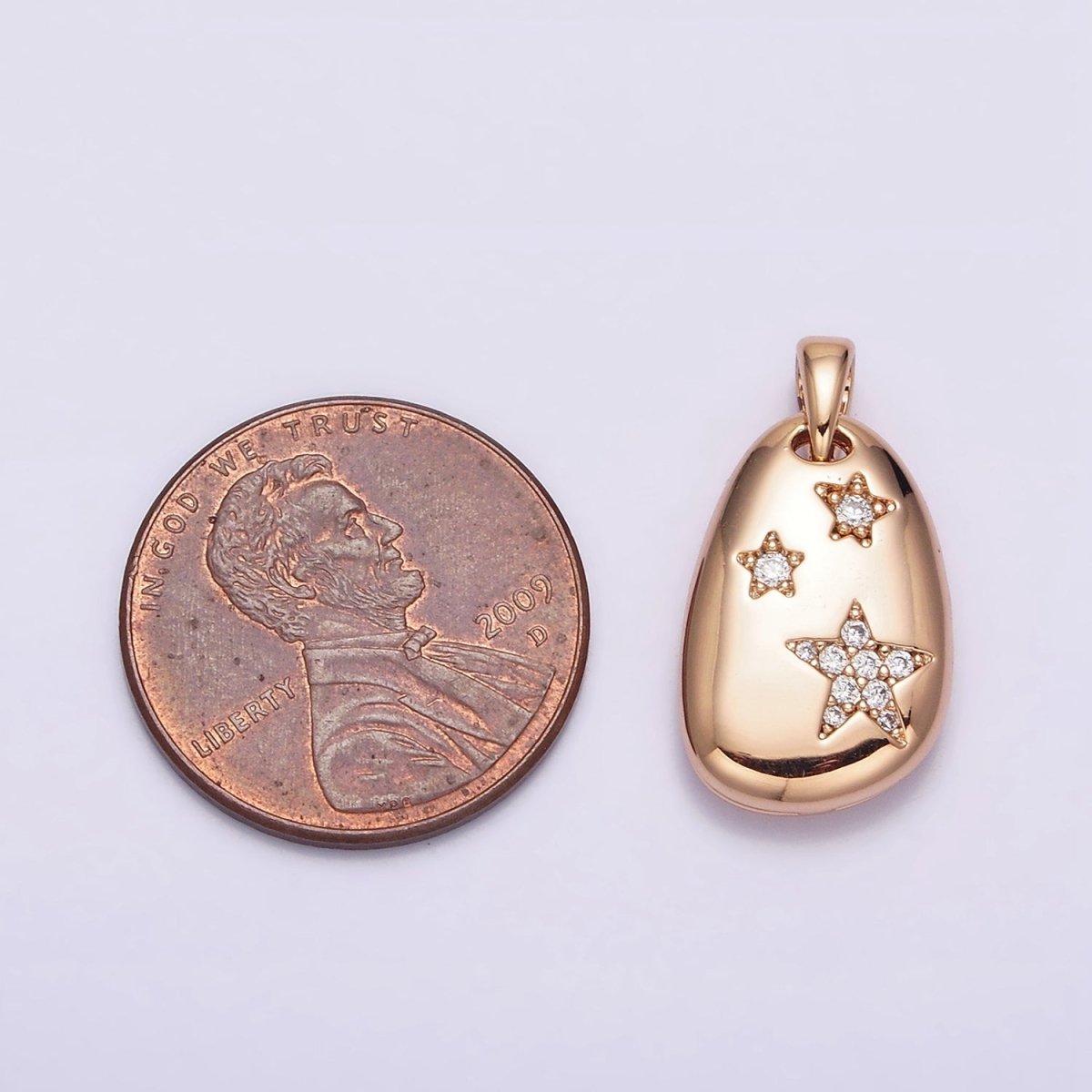 18K Gold Filled Triple Star Micro Paved CZ Double Sided Open Moon Celestial Abstract Oval Pendant | AA764