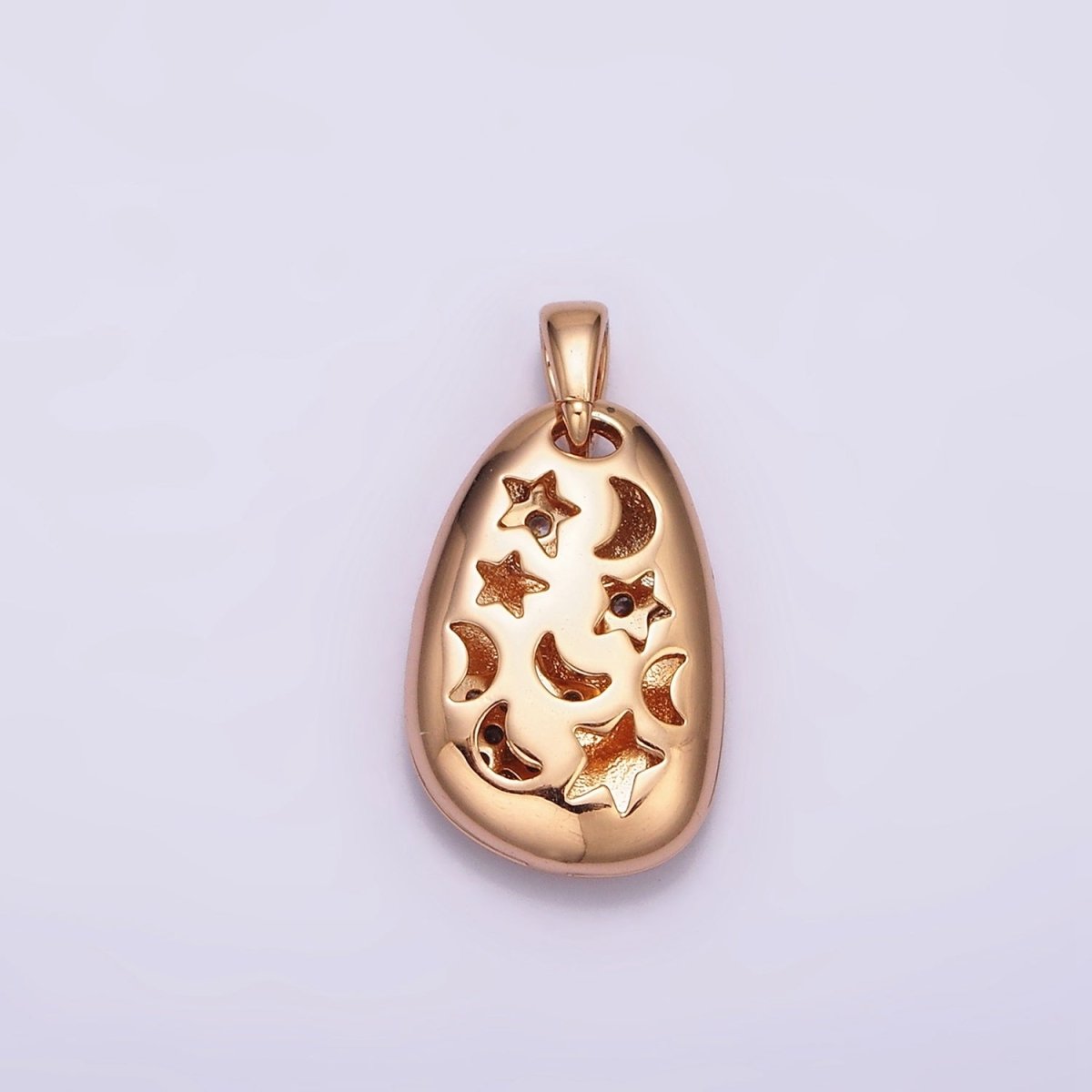 18K Gold Filled Triple Star Micro Paved CZ Double Sided Open Moon Celestial Abstract Oval Pendant | AA764