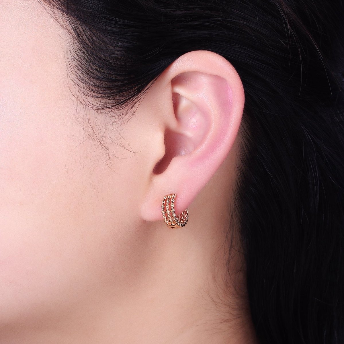 18K Gold Filled Triple Twist Croissant Band 13mm Huggie Hoop Earrings | AD1344