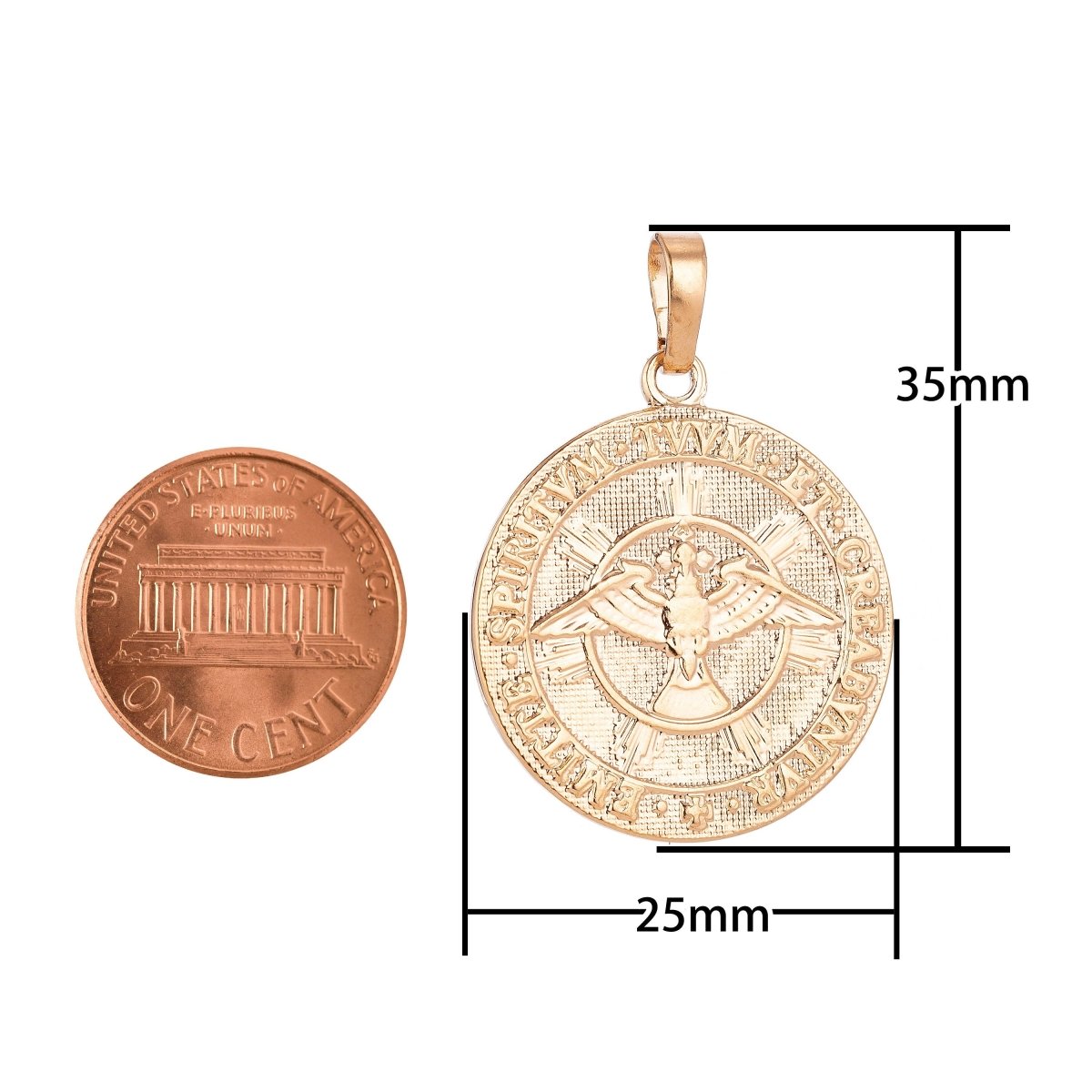 18K Gold Filled Vintage Holy Trinity Medal Dove Double Sided Coin Charm in Latin Trinitas Germany Religious Jewelry Collection for Layered necklace supply H-593