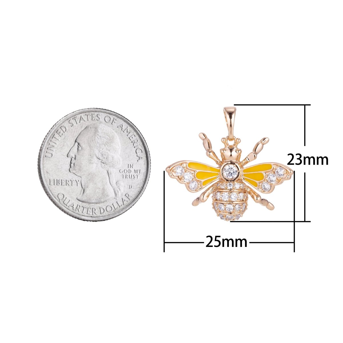 18K Gold Filled Yellow Bumblebee, Cute Dainty Queen Bee, Cubic Zirconia Necklace Pendant Charm Bails Findings for Jewelry Making Enamel Pendant N-550