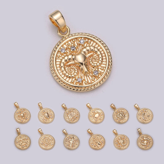 18K Gold Filled Zodiac Horoscope Sign Constellation Medallion Pendant Charm Textured Coin Decorative Edge for Necklace Jewelry Making | A-A1761-A-A1766