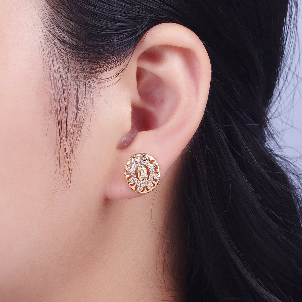 18K Gold Micro Paved CZ Lady Guadalupe Oval Medallion Religious Stud Earrings | AE-1053
