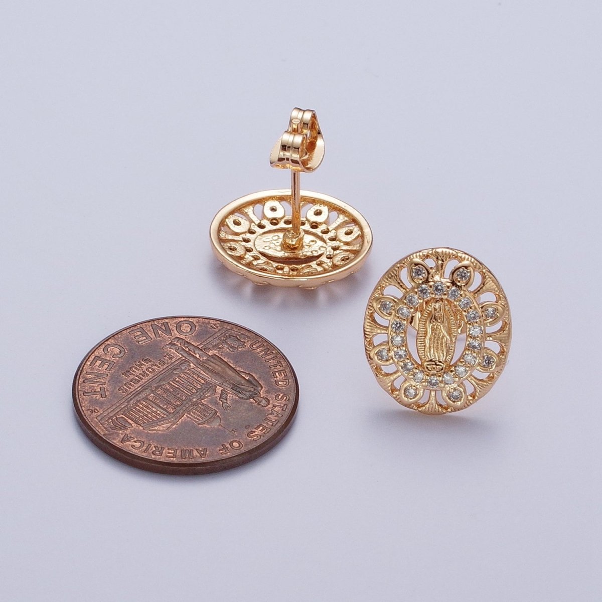 18K Gold Micro Paved CZ Lady Guadalupe Oval Medallion Religious Stud Earrings | AE-1053