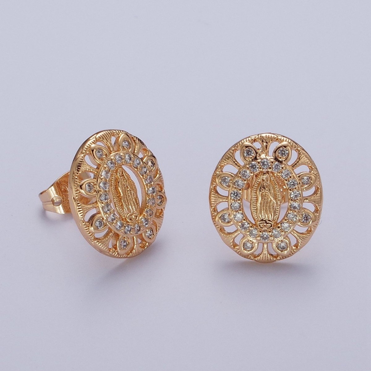 18K Gold Micro Paved CZ Lady Guadalupe Oval Medallion Religious Stud Earrings | AE-1053