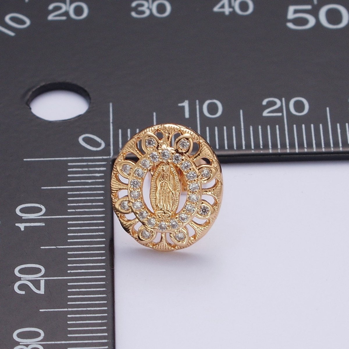 18K Gold Micro Paved CZ Lady Guadalupe Oval Medallion Religious Stud Earrings | AE-1053