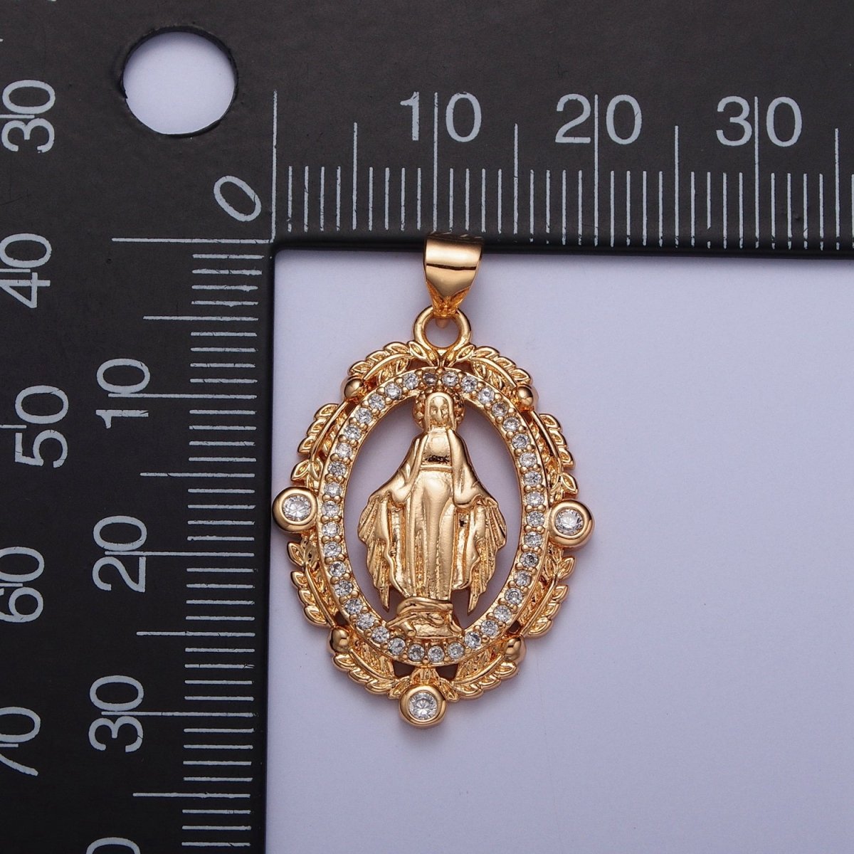 18K Gold Micro Paved CZ Wreath Mother Virgin Mary Pendant For Religious Jewelry Making H-315