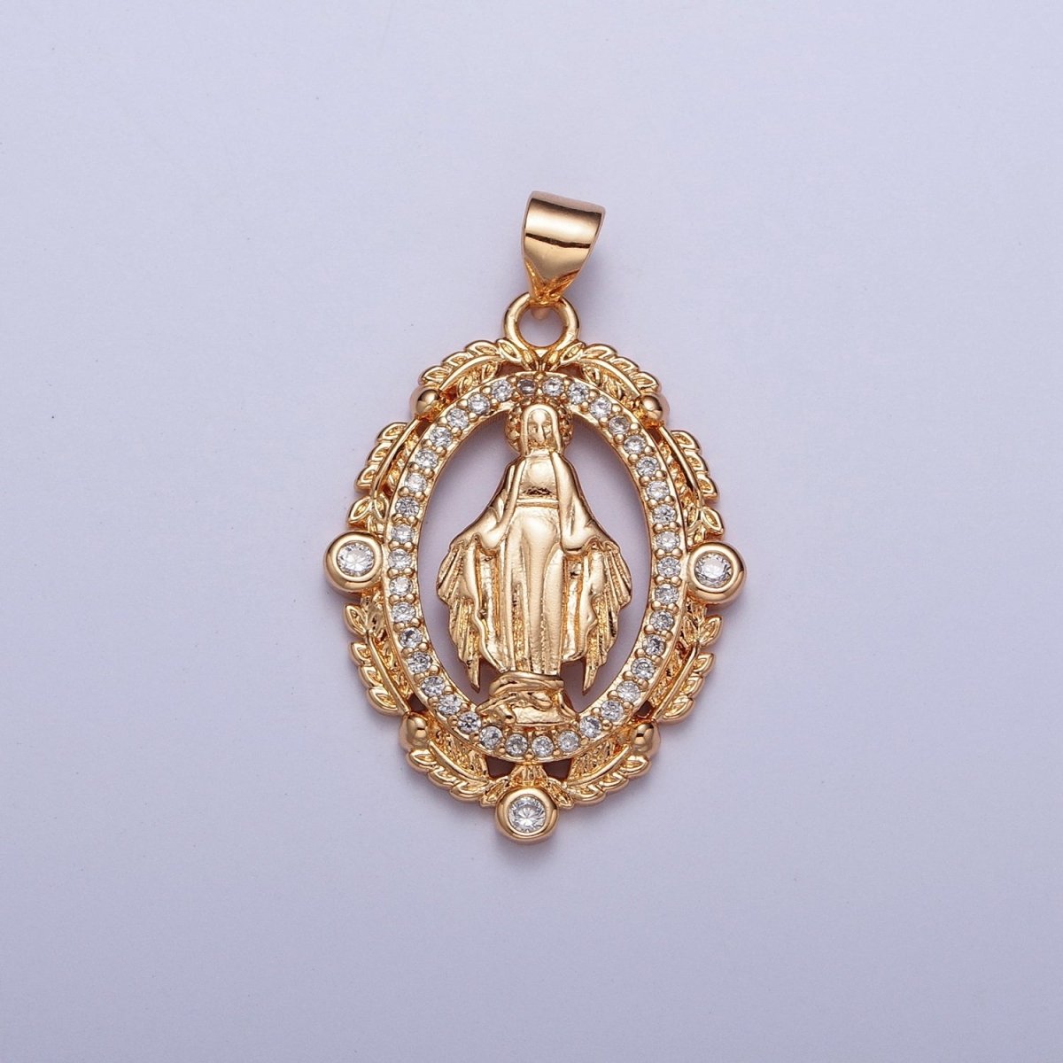 18K Gold Micro Paved CZ Wreath Mother Virgin Mary Pendant For Religious Jewelry Making H-315
