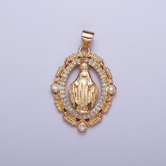 18K Gold Micro Paved CZ Wreath Mother Virgin Mary Pendant For Religious Jewelry Making H-315